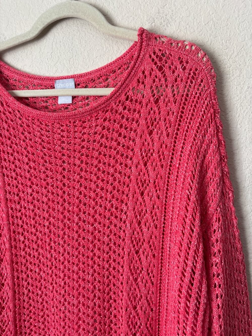 Chico’s Open Stitch Pullover Long Sleeve Lightweight Coral Pink Sweater - Picture 2 of 8